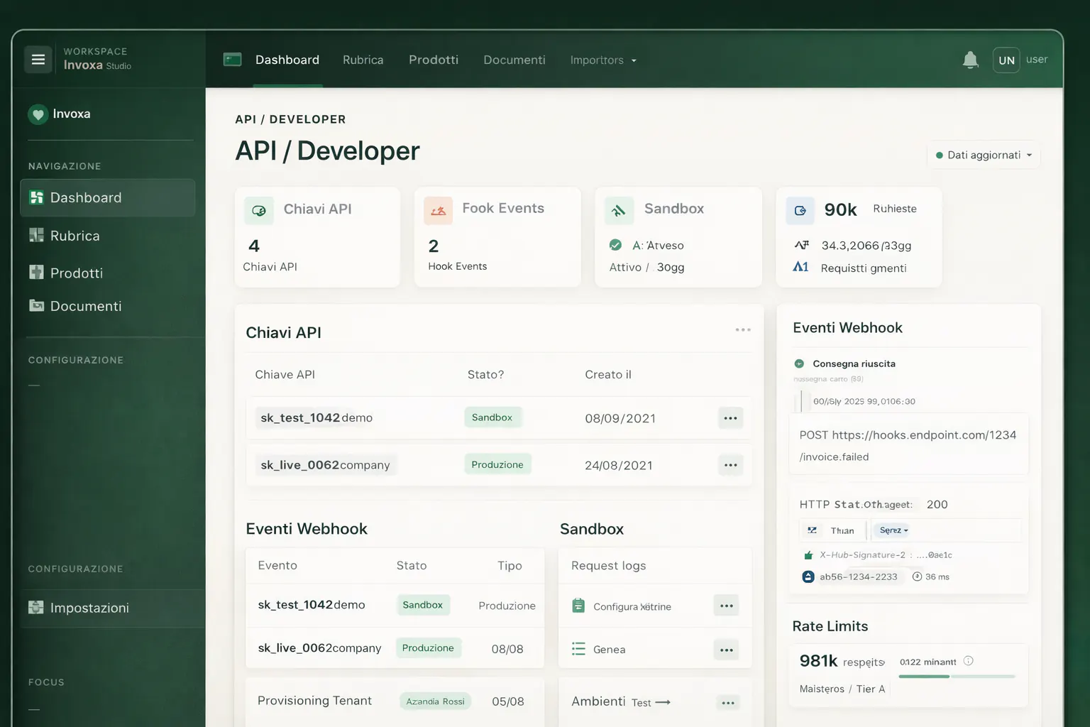 Console sviluppatore Invoxa con API key, webhook e request logs